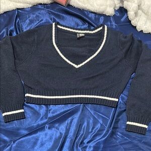 Divided Dark Blue V-Neck Sweater with White Trim